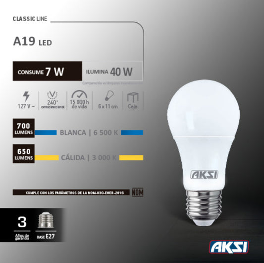 FOCO LED A19 7W 3000K E27 AKSI