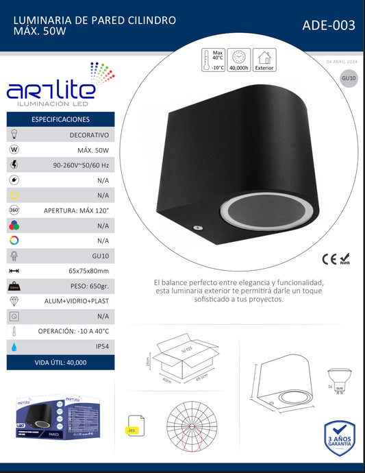 Luminaria Pared Cilindro Sencilla Negro Exterior P/Lampara GU10 ADE-003