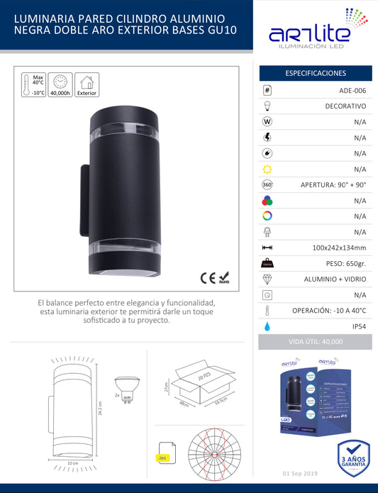 LUMINARIA PARED CILINDRO ALUMINIO NEGRA DOBLE ARO EXTERIOR BASES GU10 ADE-006