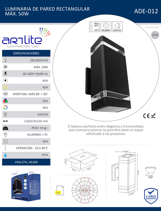 LUMINARIA PARED RECTANGULAR DOBLE NEGRA EXTERIOR PARA 2 LAMPARAS GU10 ADE-012