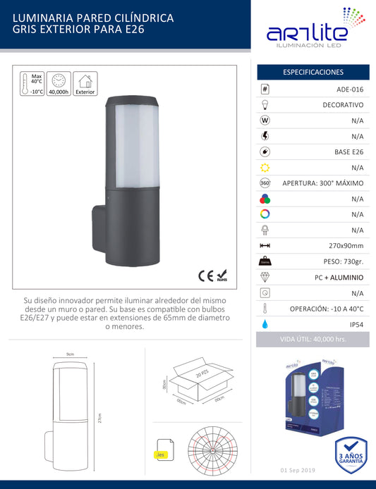 LUMINARIA PARED CILÍNDRICA GRIS EXTERIOR PARA E26 ADE-016
