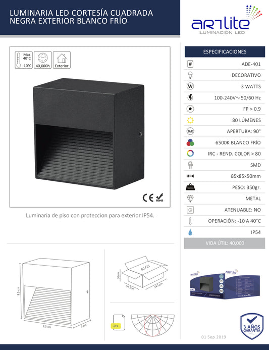 Luminaria LED Cortesía Cuadrada Negra Exterior Blanco Frío ADE-401