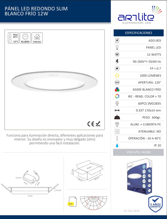PÁNEL LED REDONDO SLIM BLANCO FRÍO 12W ADO-003