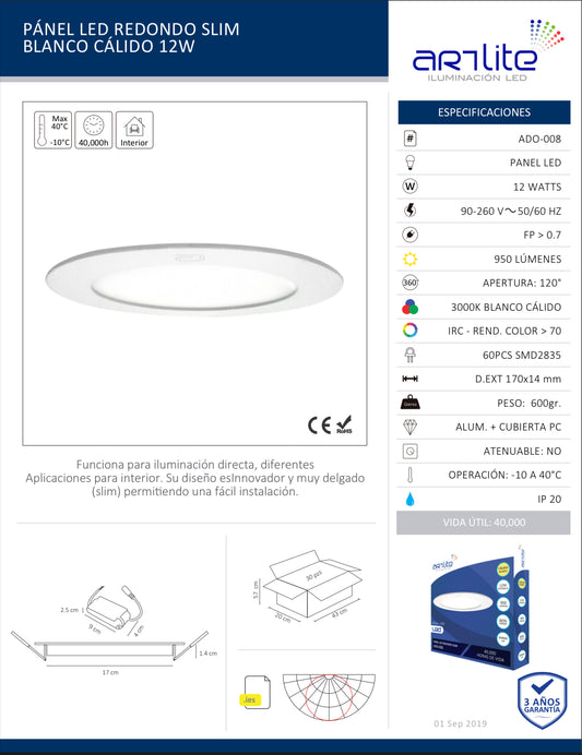 PÁNEL LED REDONDO SLIM BLANCO CÁLIDO 12W ADO-008