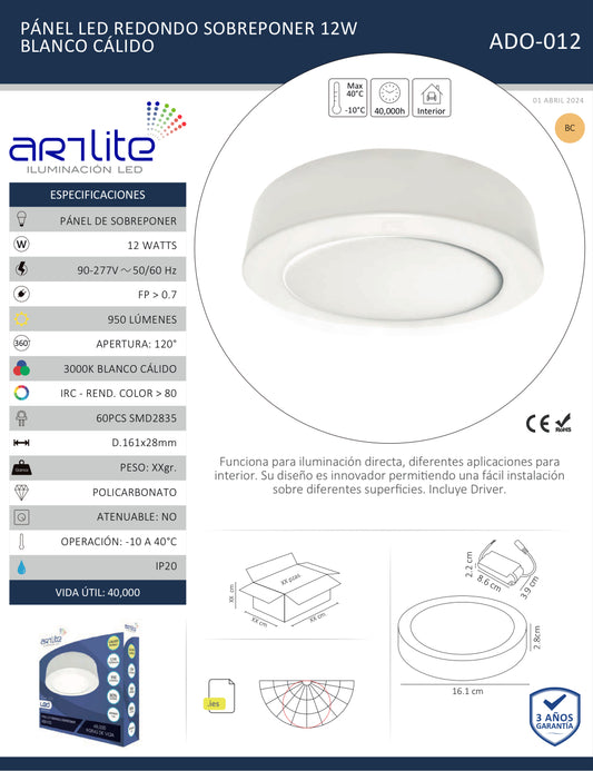 PÁNEL LED REDONDO SOBREPONER AD0-012