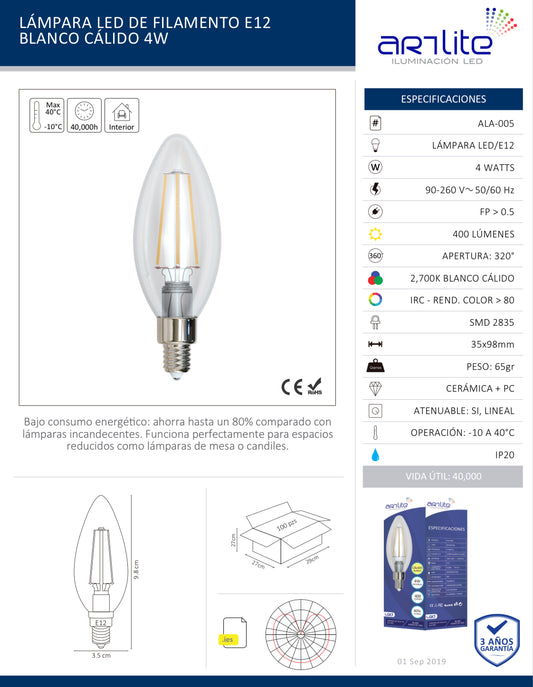 LÁMPARA LED VELA E12 4W BLANCO CÁLIDO