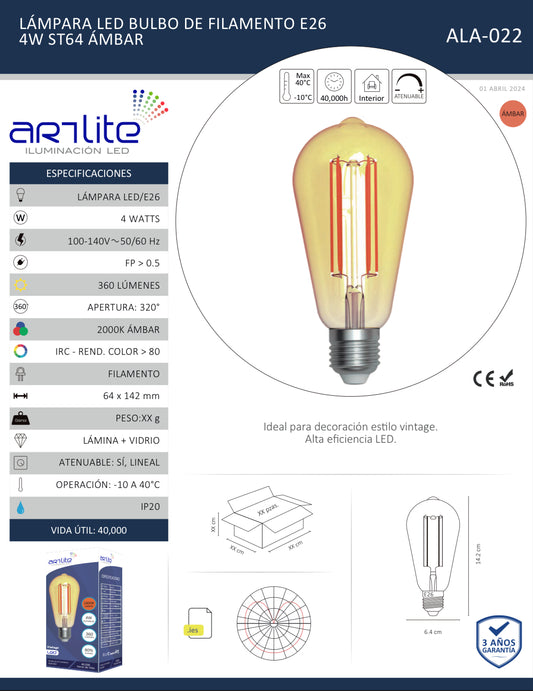 LAMPARA LED BULBO DE FILAMENTO E26 4W ST64 AMBAR ALA-022