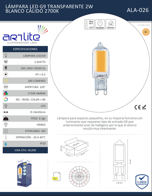 LAMPARA LED G9 2W AMBAR BLANCO CALIDO ALA-026