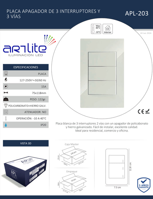 PLACA CON 3 INTERRUPTORES DE 3 VÍAS APL-203