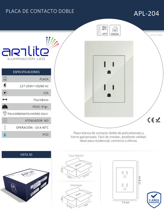 PLACA CONTACTO DOBLE 90-277VCA PC CORTE RECTO 75X118MM APL-204