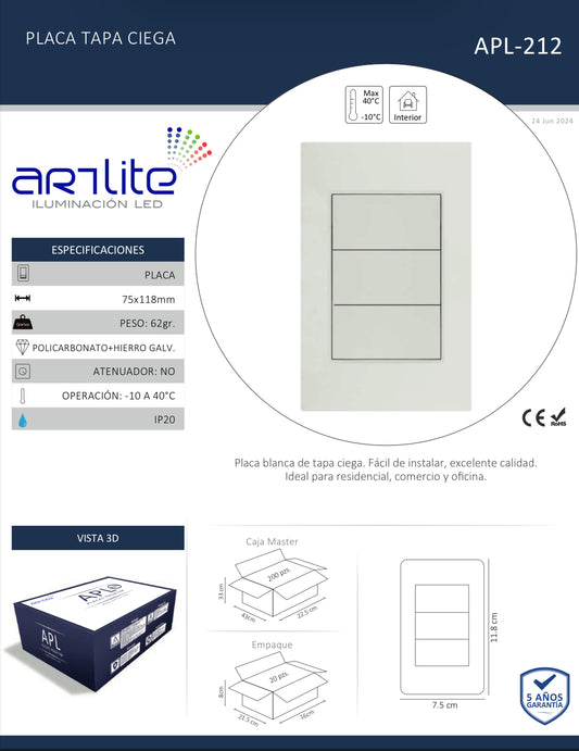 PLACA TAPA CIEGA PC BLANCO CORTE RECTO APL-212
