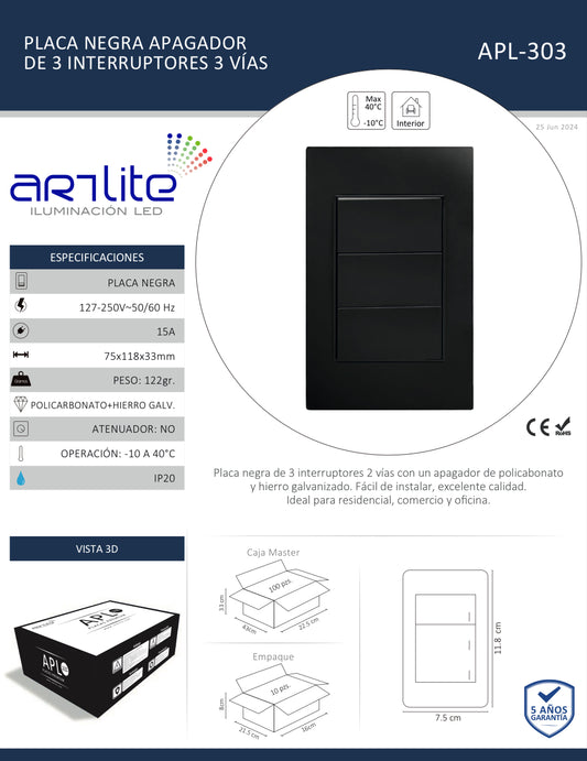 PLACA NEGRA APAGADOR DE 3 INTERRUPTORES 3 VÍAS APL-303