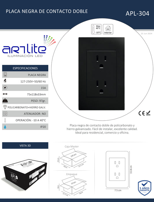 PLACA NEGRA CON CONTACTO DOBLE APL-304