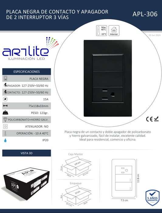 PLACA NEGRA CON CONTACTO Y 2 APAGADORES 3 VÍAS APL-306
