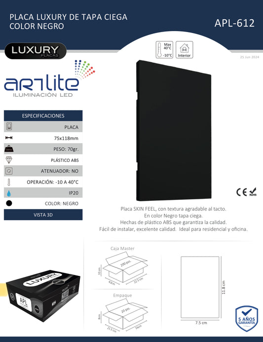 PLACA LUXURY DE TAPA CIEGA COLOR NEGRO APL-612