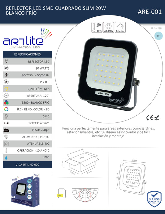 REFLECTOR LED SMD CUADRADO SLIM IP66 BLANCO FRIO 20W 110LM ARE-001