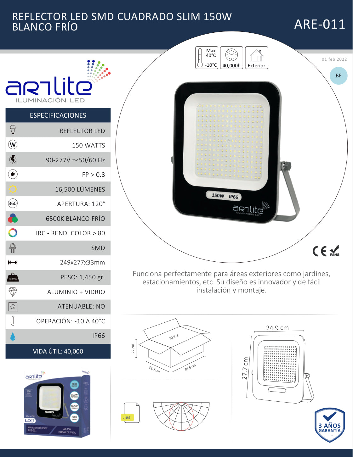 REFLECTOR LED SMD CUADRADO SLIM 150W BLANCO FRÍO ARTLITE ARE-011