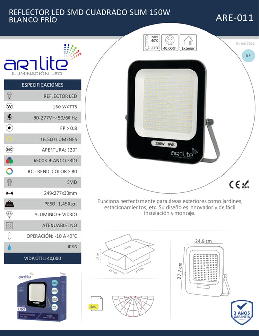 REFLECTOR LED SMD CUADRADO SLIM 150W BLANCO FRÍO ARTLITE ARE-011