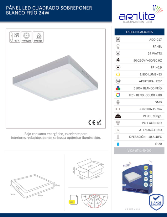 PÁNEL LED CUADRADO SOBREPONER BLANCO FRÍO ADO-017