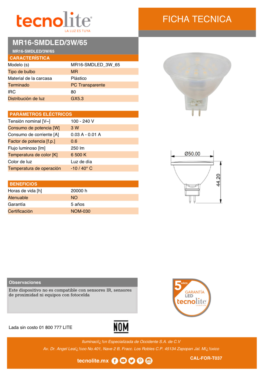 LAMPARA LED MR16 3W 6500k TECNOLITE f/3W/65 MR16-SMDLED