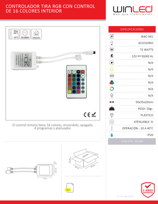 CONTROLADOR TIRA RGB CON CONTROL DE 16 COLORES INTERIOR WINLED WAC-001