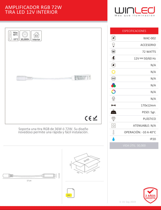 AMPLIFICADOR RGB 72W TIRA LED 12V INTERIOR WINLED WAC-002