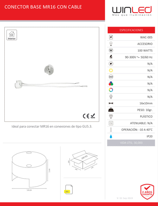 CONECTOR BASE MR16 CON CABLE (PAR) WINLED WAC-005