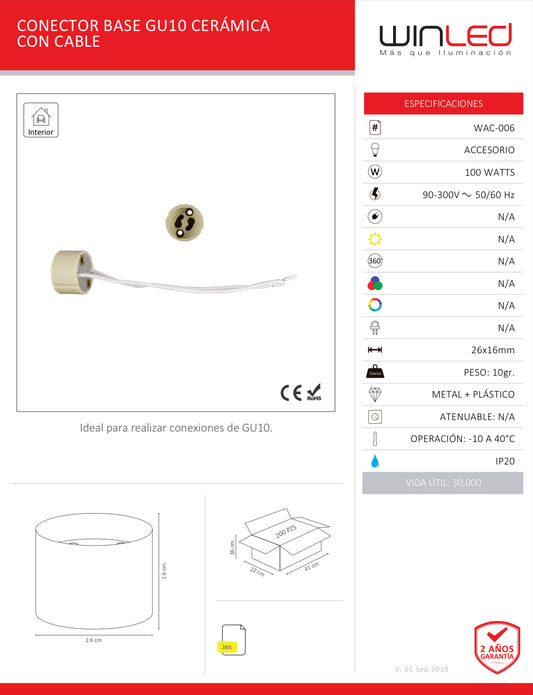 CONECTOR BASE GU10 CERÁMICA CON CABLE (PAR) WAC-006