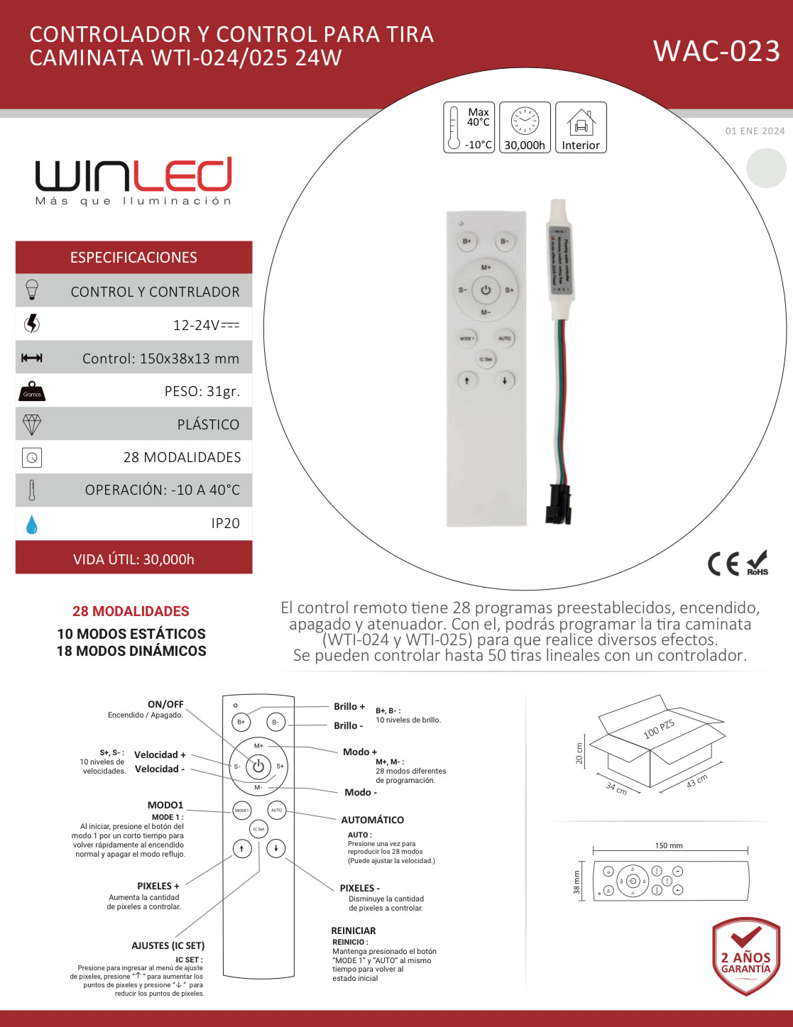 CONTROLADOR LINEAL Y CONTROL PARA TIRA COB DIGITAL WINLED WAC-023