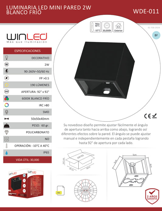 LUMINARIA LED MINI 5CM PARED CUBO DOBLE DISPARO Y ANGULO AJUSTABLE POLICARBONATO NEGRO 2W 190LM EXTERIOR IP65 BLANCO FRÍO 6500K WINLED WDE-011