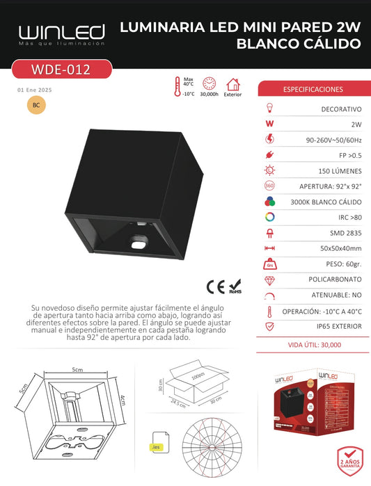 LUMINARIA LED MINI 5CM PARED CUBO DOBLE DISPARO Y ANGULO AJUSTABLE POLICARBONATO NEGRO 2W 150LM EXTERIOR IP65 BLANCO CÁLIDO 3000K WINLED WDE-012