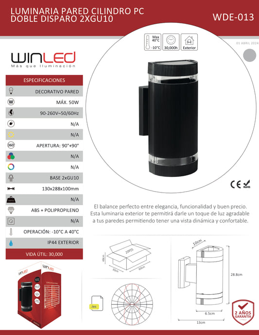 LUMINARIA PARED CILINDRO POLICARBONATO NEGRO DOBLE ARO 2XGU10 EXTERIOR IP44 WINLED WDE-013