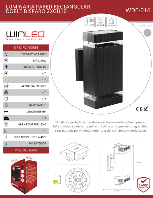 LUMINARIA PARED RECTANGULAR POLICARBONATO NEGRO DOBLE DISPARO 2XGU10 EXTERIOR IP44 WINLED WDE-014