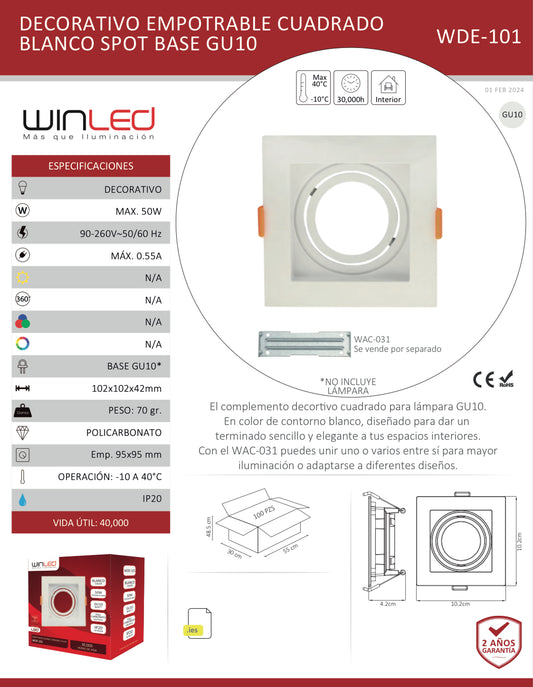 EMPOTRABLE DIRIGIBLE CUADRADO PARA SPOT SENCILLO BASE GU10 POLICARBONATO COLOR BLANCO MÁX. 50W INTERIOR IP20 WINLED WDE-101