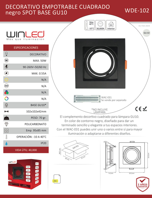 EMPOTRABLE DIRIGIBLE CUADRADO PARA SPOT SENCILLO BASE GU10 POLICARBONATO COLOR NEGRO MÁX. 50W INTERIOR IP20 WINLED WDE-102
