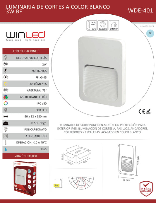 LUMINARIA DE CORTESIA COLOR BLANCO 3W 90-260VCA EXTERIOR IP65 BLANCO FRÍO 6500K WINLED WDE-401