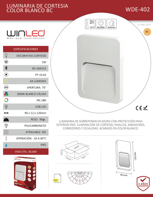 LUMINARIA DE CORTESIA COLOR BLANCO 3W 90-260VCA EXTERIOR IP65 BLANCO CÁLIDO 3000K WINLED WDE-402