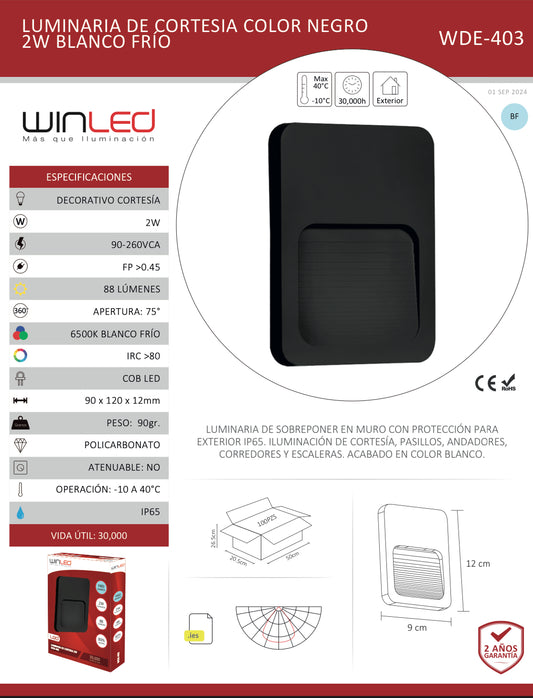 LUMINARIA DE CORTESIA COLOR NEGRO 3W 90-260VCA EXTERIOR IP65 BLANCO FRÍO 6500K WINLED WDE-403