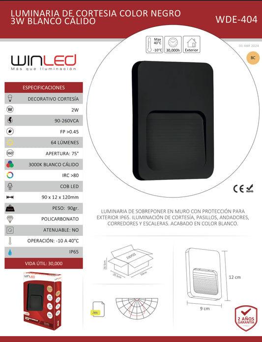 LUMINARIA LED CORTESIA NEGRA EXTERIOR IP65 3W 90-260VCA BLANCO CALIDO WINLED WDE-404