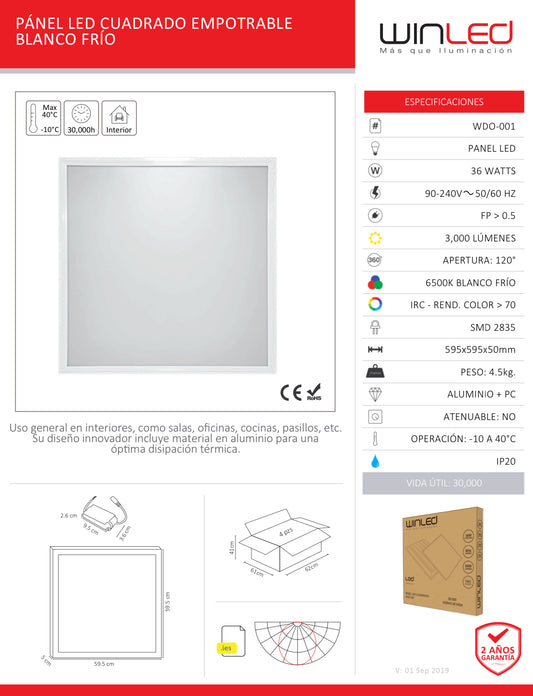 PÁNEL LED CUADRADO EMPOTRABLE BLANCO FRÍO WINLED WDO-001