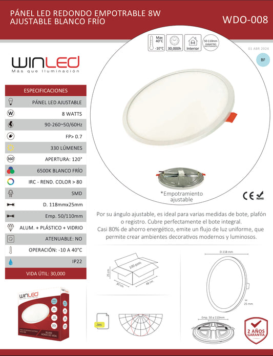 PÁNEL LED REDONDO EMPOTRABLE 8W AJUSTABLE BLANCO FRIO WINLED WDO-008