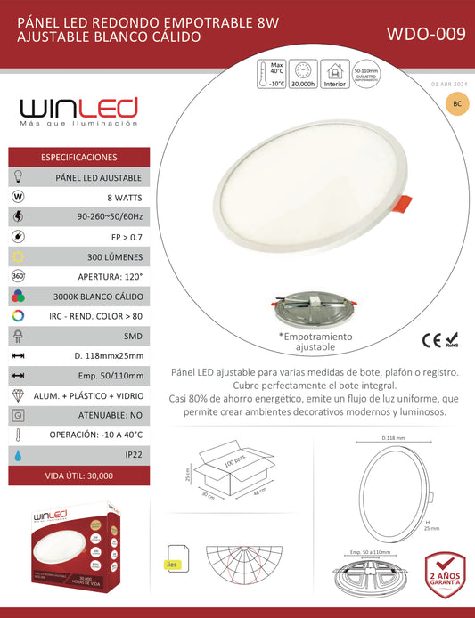 PÁNEL LED REDONDO EMPOTRABLE 8W AJUSTABLE BLANCO CALIDO WINLED WDO-009