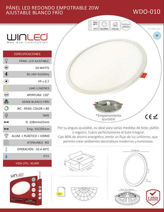 PÁNEL LED REDONDO EMPOTRABLE 20W AJUSTABLE BLANCO FRÍO WINLED WDO-010