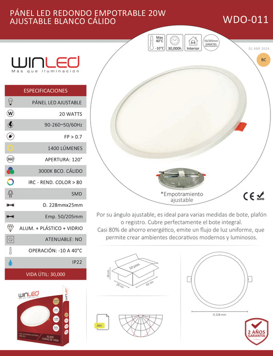PÁNEL LED REDONDO EMPOTRABLE 20W AJUSTABLE BLANCO CÁLIDO WINLED WDO-011