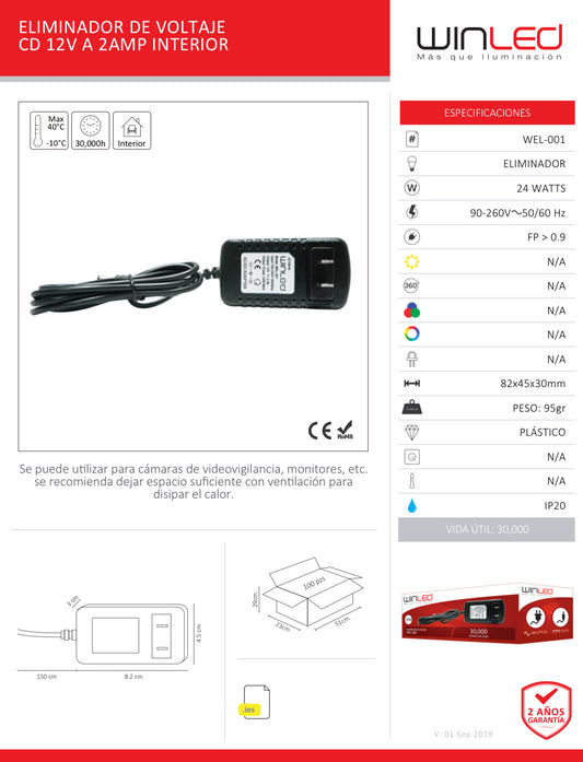 ELIMINADOR DE VOLTAJE CD12V A 2AMP 24W INTERIOR WINLED WEL-001