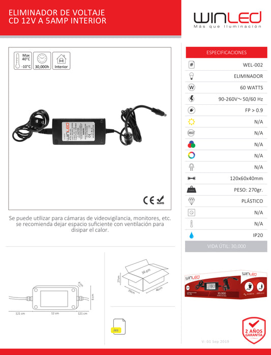 ELIMINADOR DE VOLTAJE CD12V A 5AMP 60W INTERIOR WINLED WEL-002
