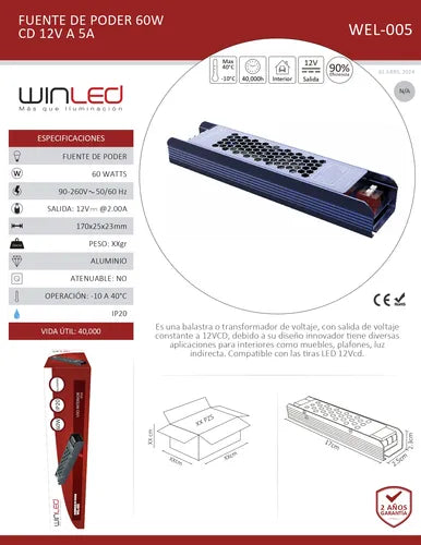 FUENTE DE PODER ULTRA SLIM ALUMINIO CA90-260V A CD12V 60W INTERIOR WINLED WEL-005