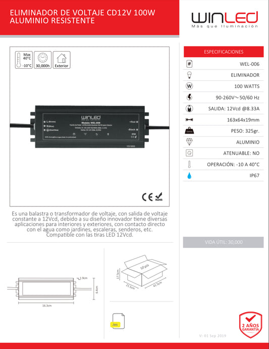 FUENTE DE PODER ULTRA SLIM ALUMINIO CA90-260V A CD12V 100W EXTERIOR IP67 WEL-006