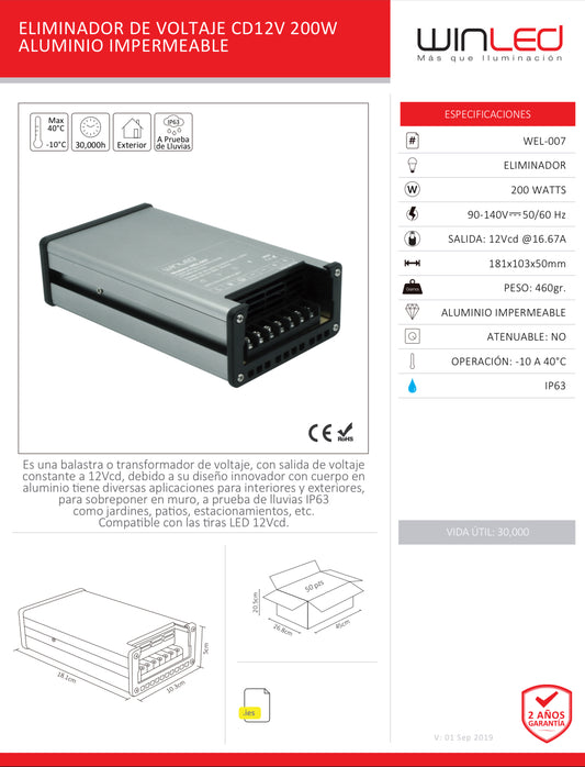 ELIMINADOR DE VOLTAJE CD12V 200W ALUMINIO IMPERMEABLE WINLED WEL-007