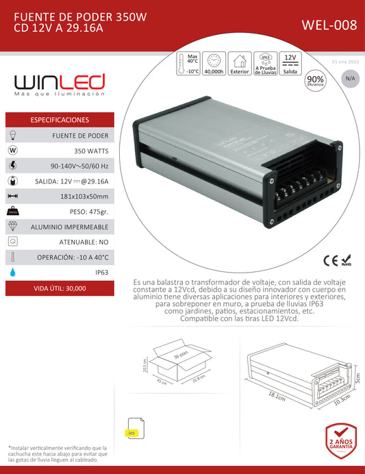 FUENTE DE PODER 350W CD 12V A 29.16A WINLED WEL-008